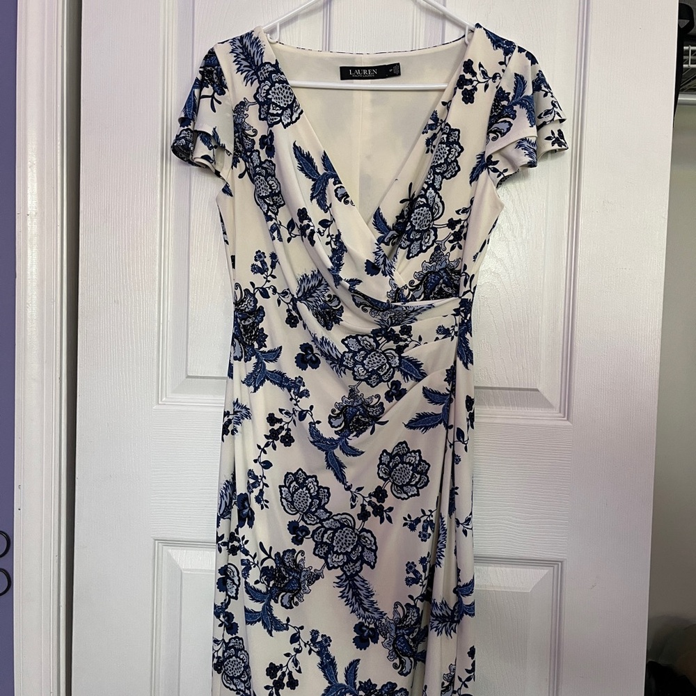 Ralph Lauren White and Blue Floral Midi Dress